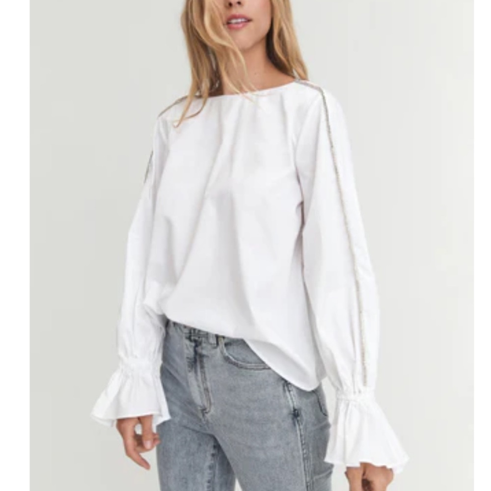 Something Navy Fancy Anna Ruffle Cuff White Blouse, Bell Sleeves and Rhinestone
